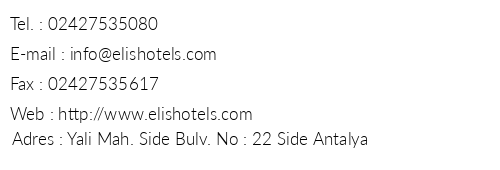 Side Elis Hotel telefon numaralar, faks, e-mail, posta adresi ve iletiim bilgileri